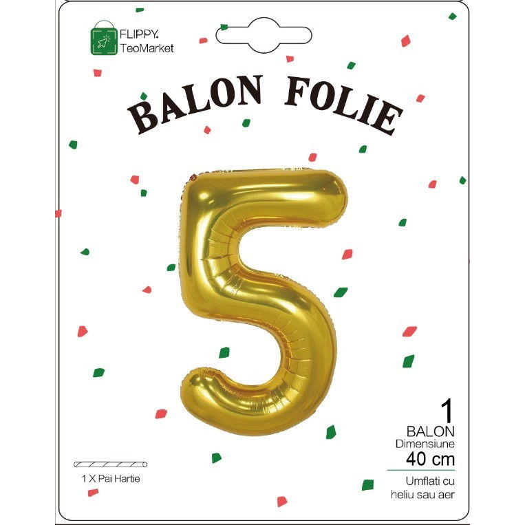 Balon din Folie Metalizata Flippy, Figurina Cifra, Tema Aniversare 40 cm, Ambalaj Individual, Pai inclus, Umflare cu Aer sau Heliu, Auriu, Cifra 5 [2]