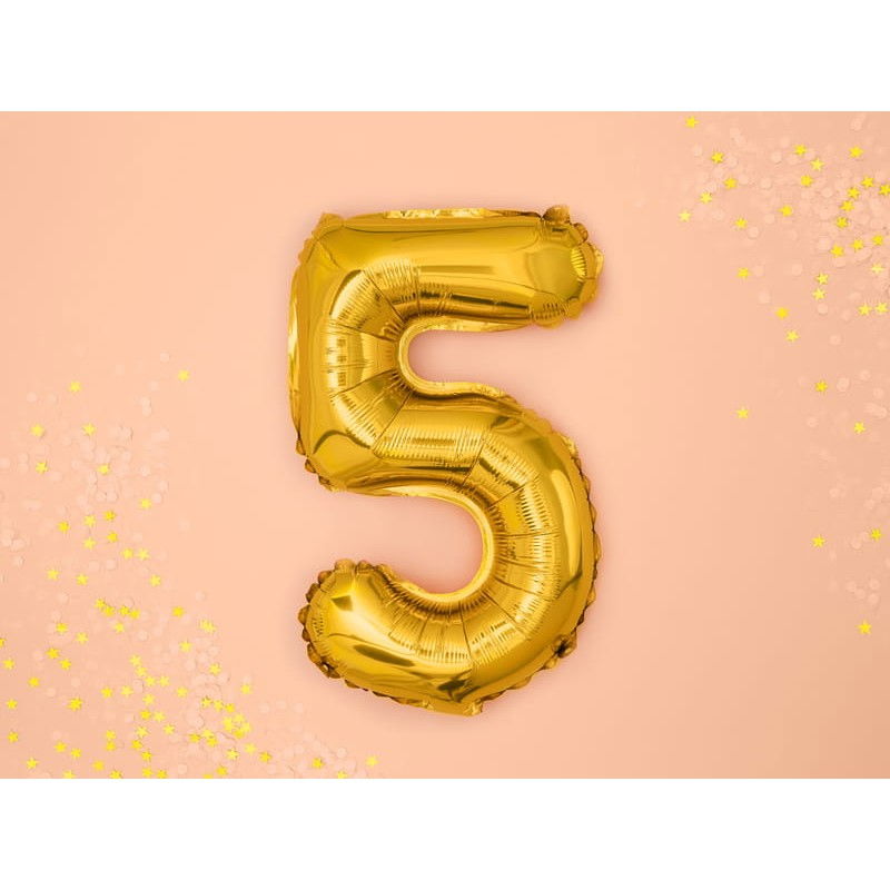 Balon din Folie Metalizata Flippy, Figurina Cifra, Tema Aniversare 40 cm, Ambalaj Individual, Pai inclus, Umflare cu Aer sau Heliu, Auriu, Cifra 5 [3]