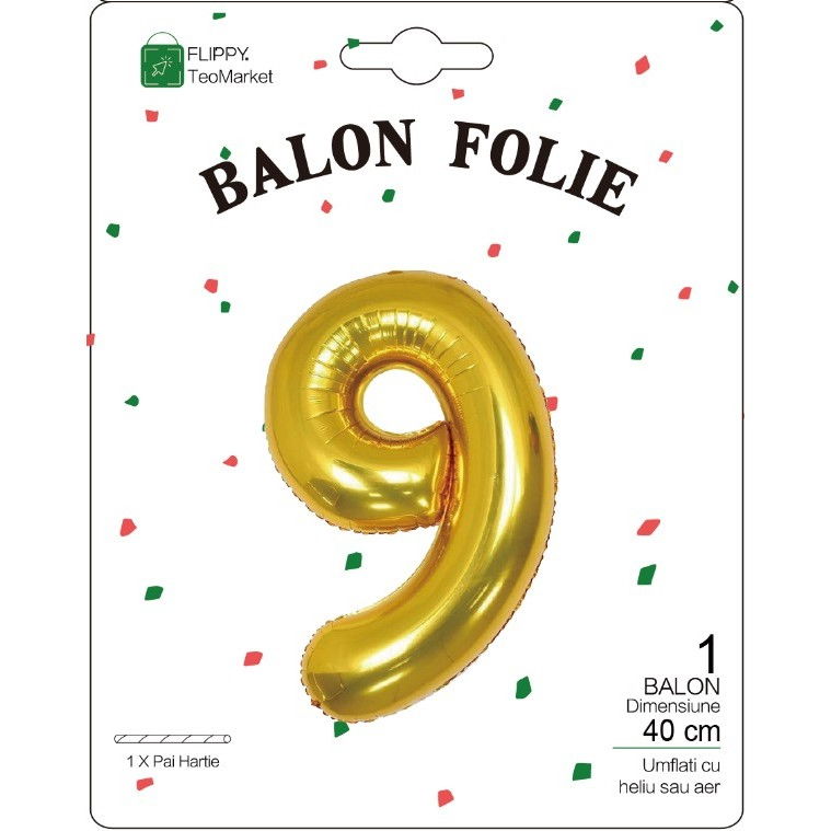 Balon din Folie Metalizata Flippy, Figurina Cifra, Tema Aniversare 40 cm, Ambalaj Individual, Pai inclus, Umflare cu Aer sau Heliu, Auriu, Cifra 9 [2]