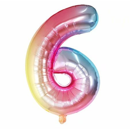 Balon din Folie Metalizata Flippy, Figurina Cifra, Tema Aniversare 40 cm, Ambalaj Individual, Pai inclus, Umflare cu Aer sau Heliu, Multicolor, Cifra 6 [1]