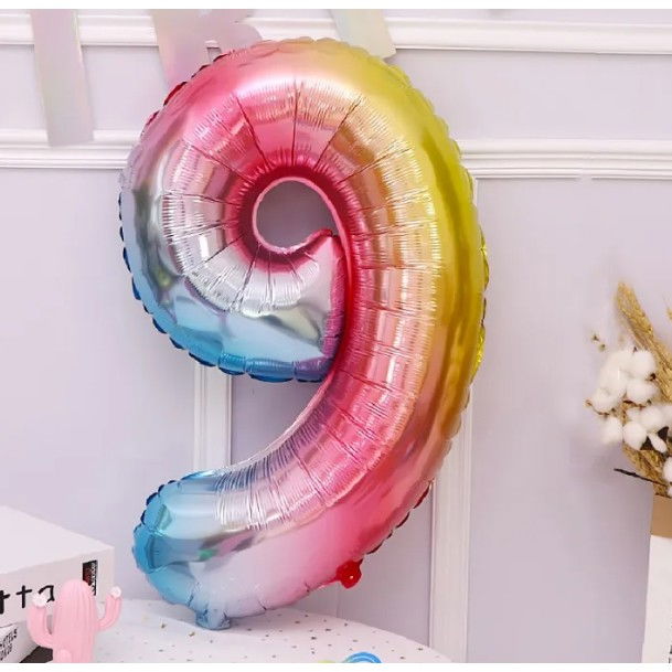 Balon din Folie Metalizata Flippy, Figurina Cifra, Tema Aniversare 40 cm, Ambalaj Individual, Pai inclus, Umflare cu Aer sau Heliu, Multicolor, Cifra 9 [7]
