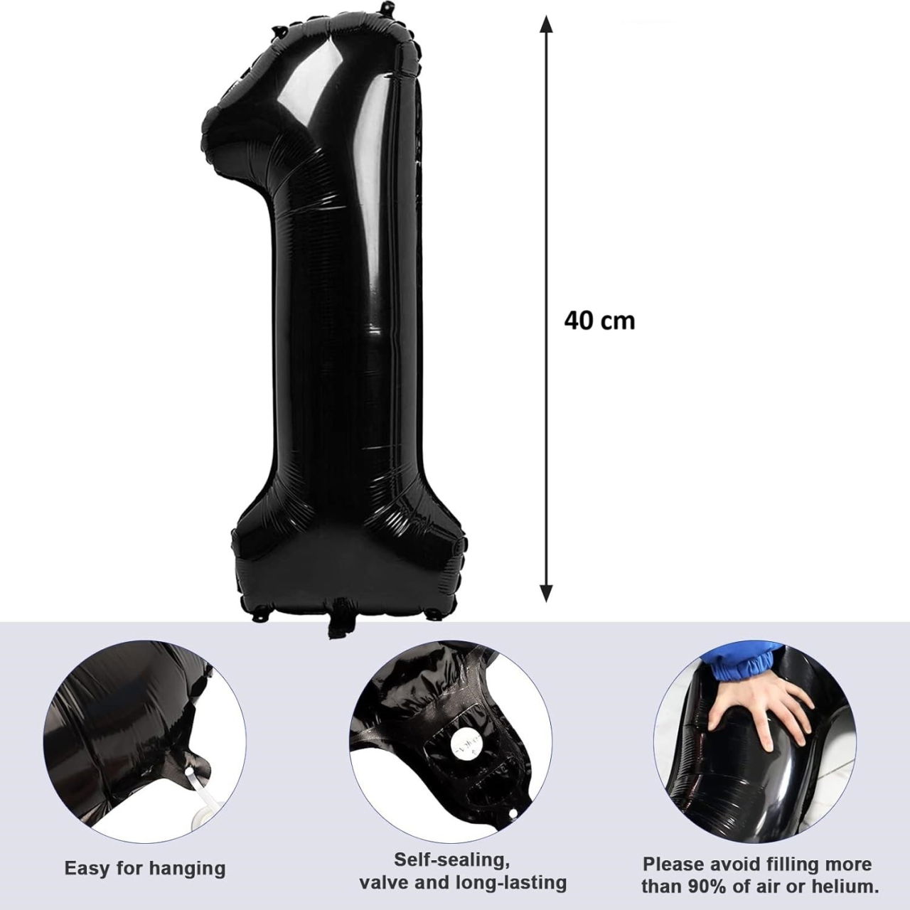 Balon din Folie Metalizata Flippy, Figurina Cifra, Tema Aniversare 40 cm, Ambalaj Individual, Pai inclus, Umflare cu Aer sau Heliu, Negru, Cifra 1 [8]