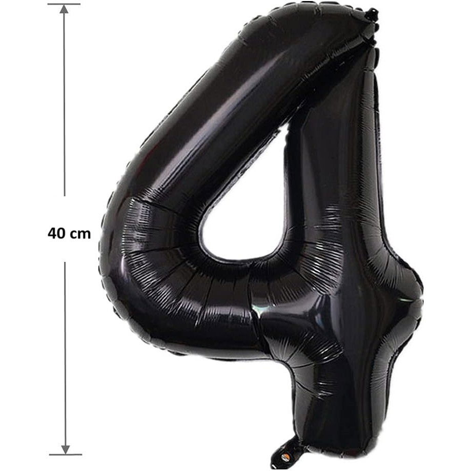 Balon din Folie Metalizata Flippy, Figurina Cifra, Tema Aniversare 40 cm, Ambalaj Individual, Pai inclus, Umflare cu Aer sau Heliu, Negru, Cifra 4 [2]