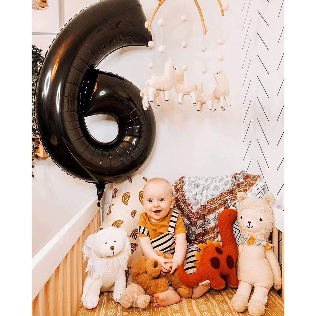 Balon din Folie Metalizata Flippy, Figurina Cifra, Tema Aniversare 40 cm, Ambalaj Individual, Pai inclus, Umflare cu Aer sau Heliu, Negru, Cifra 6 [3]