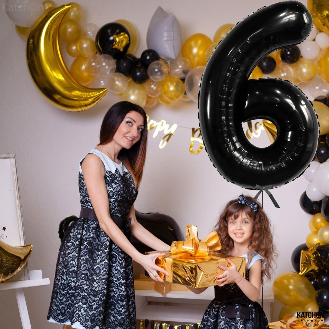 Balon din Folie Metalizata Flippy, Figurina Cifra, Tema Aniversare 40 cm, Ambalaj Individual, Pai inclus, Umflare cu Aer sau Heliu, Negru, Cifra 6 [6]