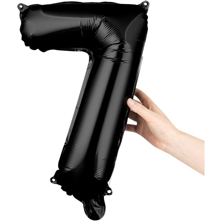 Balon din Folie Metalizata Flippy, Figurina Cifra, Tema Aniversare 40 cm, Ambalaj Individual, Pai inclus, Umflare cu Aer sau Heliu, Negru, Cifra 7 [6]
