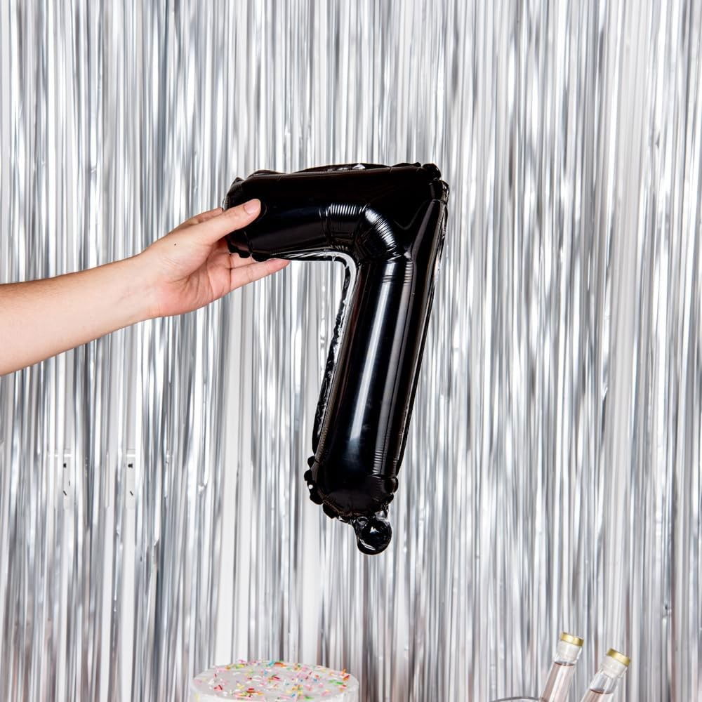 Balon din Folie Metalizata Flippy, Figurina Cifra, Tema Aniversare 40 cm, Ambalaj Individual, Pai inclus, Umflare cu Aer sau Heliu, Negru, Cifra 7 [3]