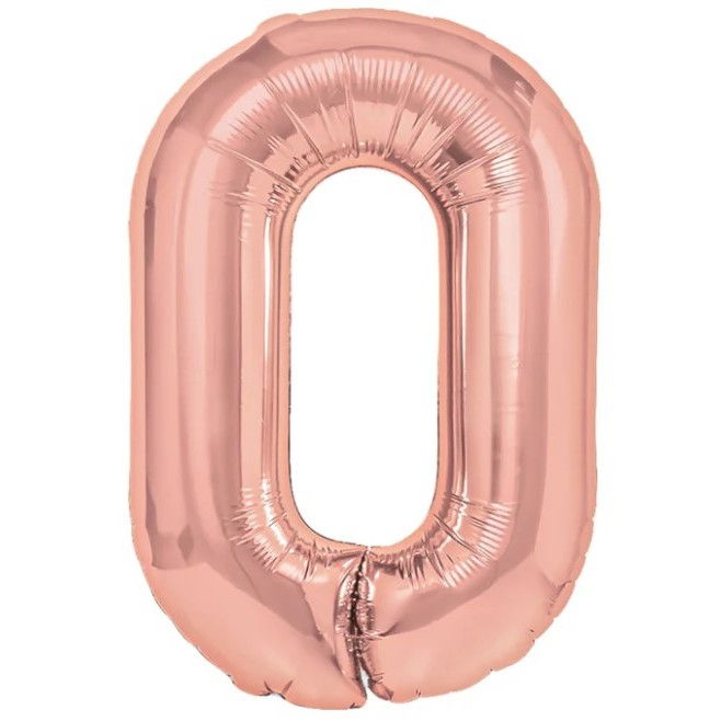 Balon din Folie Metalizata Flippy, Figurina Cifra, Tema Aniversare 40 cm, Ambalaj Individual, Pai inclus, Umflare cu Aer sau Heliu, Rose Gold, Cifra 0 [1]