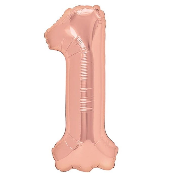 Balon din Folie Metalizata Flippy, Figurina Cifra, Tema Aniversare 40 cm, Ambalaj Individual, Pai inclus, Umflare cu Aer sau Heliu, Rose Gold, Cifra 1 [1]