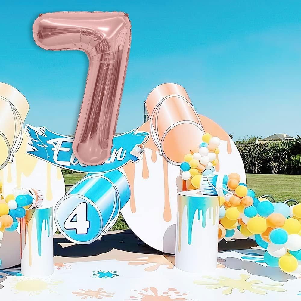Balon din Folie Metalizata Flippy, Figurina Cifra, Tema Aniversare 40 cm, Ambalaj Individual, Pai inclus, Umflare cu Aer sau Heliu, Rose Gold, Cifra 7 [3]
