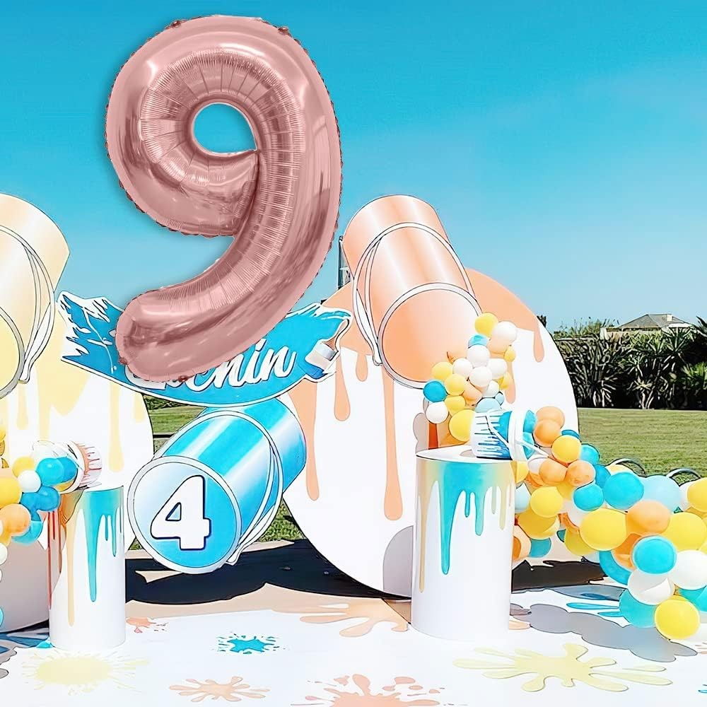 Balon din Folie Metalizata Flippy, Figurina Cifra, Tema Aniversare 40 cm, Ambalaj Individual, Pai inclus, Umflare cu Aer sau Heliu, Rose Gold, Cifra 9 [3]