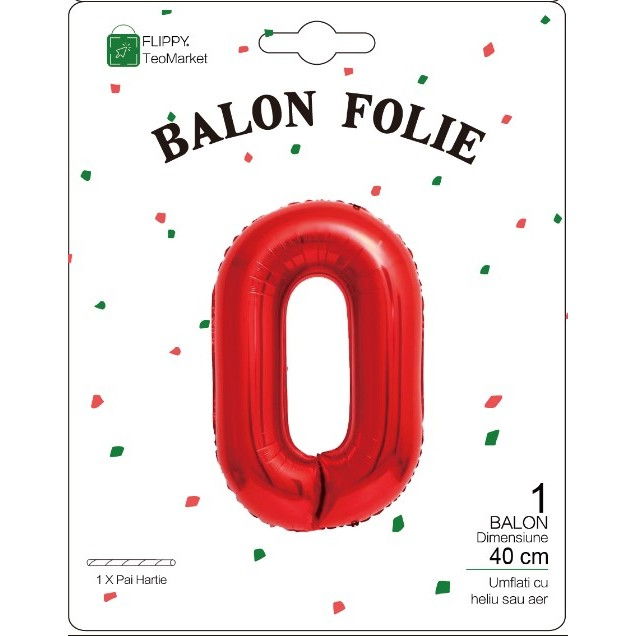 Balon din Folie Metalizata Flippy, Figurina Cifra, Tema Aniversare 40 cm, Ambalaj Individual, Pai inclus, Umflare cu Aer sau Heliu, Rosu, Cifra 0 [2]