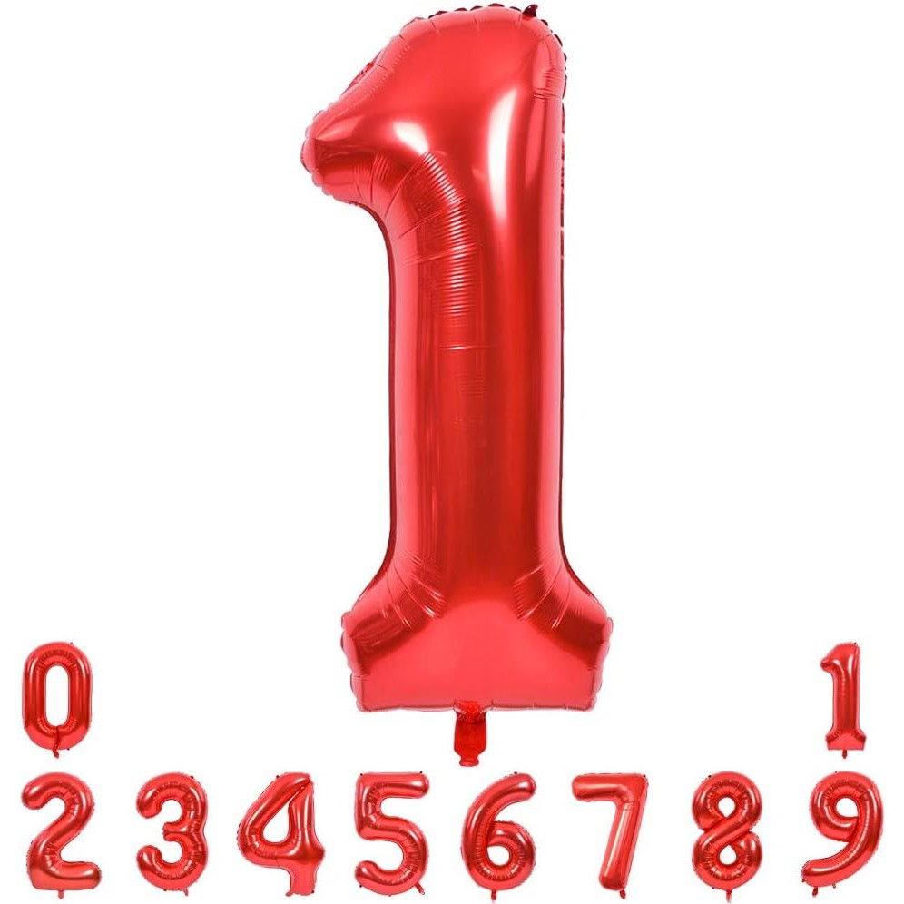 Balon din Folie Metalizata Flippy, Figurina Cifra, Tema Aniversare 40 cm, Ambalaj Individual, Pai inclus, Umflare cu Aer sau Heliu, Rosu, Cifra 1 [12]