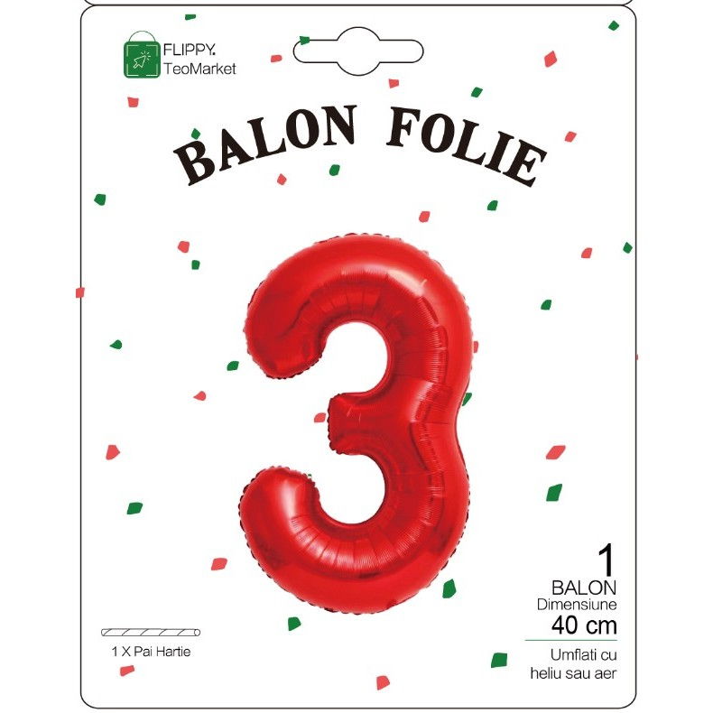 Balon din Folie Metalizata Flippy, Figurina Cifra, Tema Aniversare 40 cm, Ambalaj Individual, Pai inclus, Umflare cu Aer sau Heliu, Rosu, Cifra 3 [2]