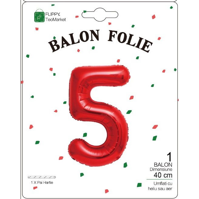 Balon din Folie Metalizata Flippy, Figurina Cifra, Tema Aniversare 40 cm, Ambalaj Individual, Pai inclus, Umflare cu Aer sau Heliu, Rosu, Cifra 5 [2]