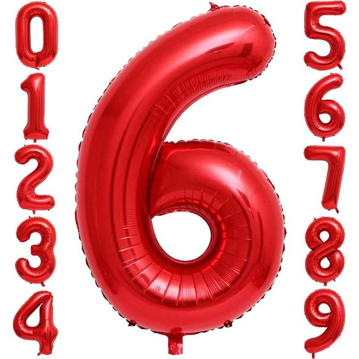 Balon din Folie Metalizata Flippy, Figurina Cifra, Tema Aniversare 40 cm, Ambalaj Individual, Pai inclus, Umflare cu Aer sau Heliu, Rosu, Cifra 6 [4]