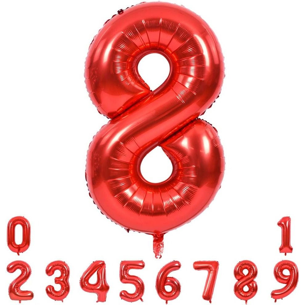 Balon din Folie Metalizata Flippy, Figurina Cifra, Tema Aniversare 40 cm, Ambalaj Individual, Pai inclus, Umflare cu Aer sau Heliu, Rosu, Cifra 8 [7]