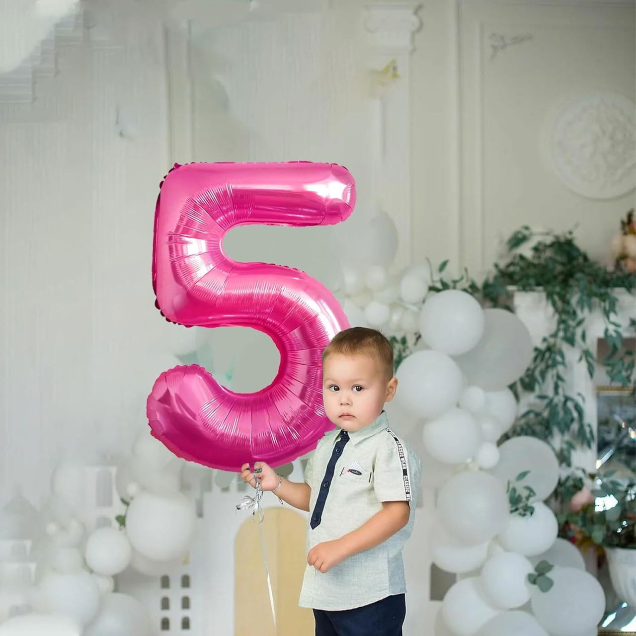 Balon din Folie Metalizata Flippy, Figurina Cifra, Tema Aniversare 40 cm, Ambalaj Individual, Pai inclus, Umflare cu Aer sau Heliu, Roz, Cifra 5 [4]