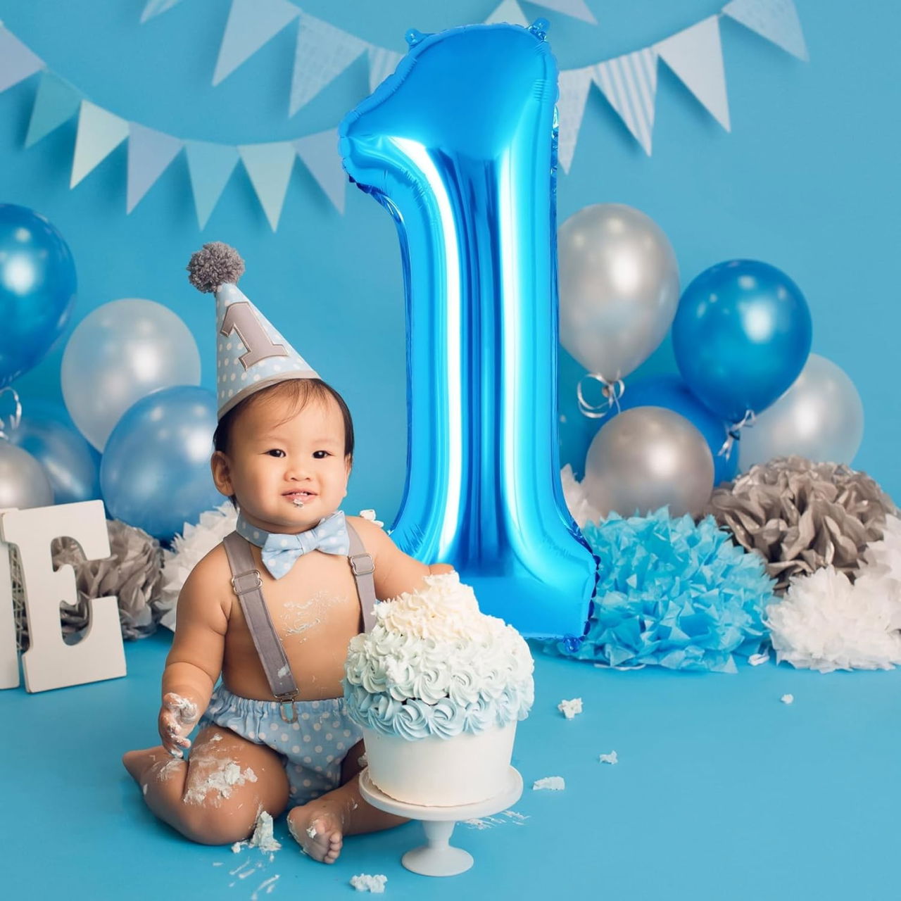 Balon din Folie Metalizata, Flippy, Figurina Cifra, Tema Aniversare 80 cm, Ambalaj Individual, Pai inclus, Umflare cu Aer sau Heliu, Albastru, Cifra 1 [7]