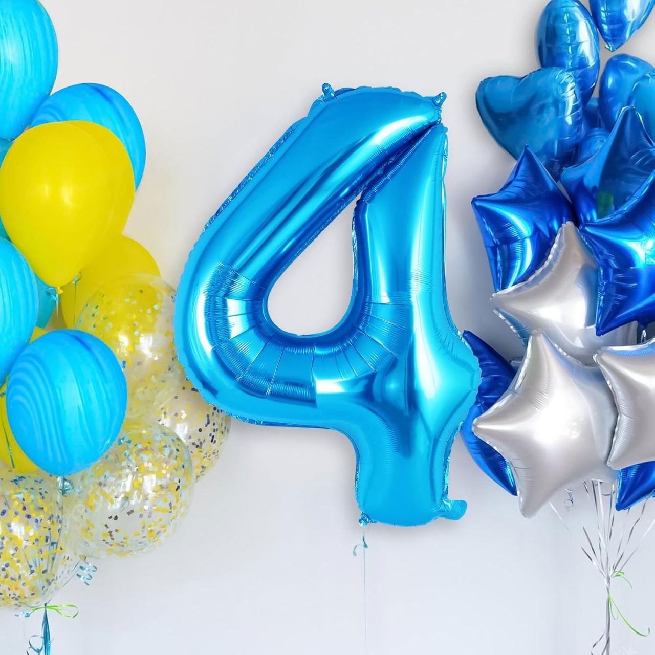 Balon din Folie Metalizata, Flippy, Figurina Cifra, Tema Aniversare 80 cm, Ambalaj Individual, Pai inclus, Umflare cu Aer sau Heliu, Albastru, Cifra 4 [6]