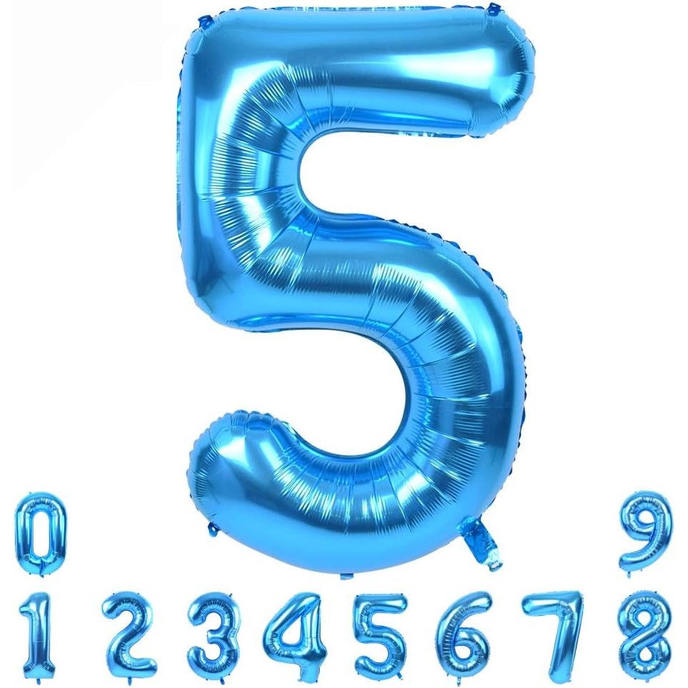 Balon din Folie Metalizata, Flippy, Figurina Cifra, Tema Aniversare 80 cm, Ambalaj Individual, Pai inclus, Umflare cu Aer sau Heliu, Albastru, Cifra 5 [8]