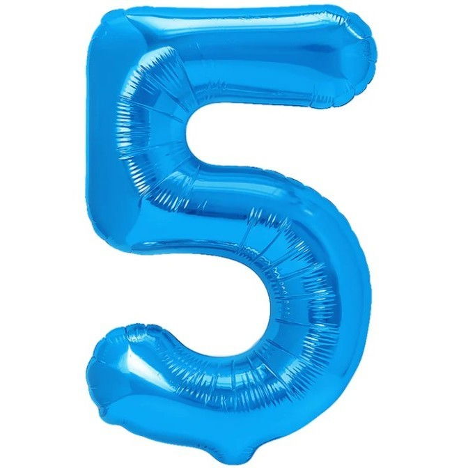 Balon din Folie Metalizata, Flippy, Figurina Cifra, Tema Aniversare 80 cm, Ambalaj Individual, Pai inclus, Umflare cu Aer sau Heliu, Albastru, Cifra 5 [1]