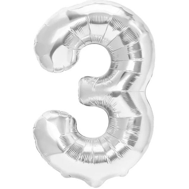 Balon din Folie Metalizata, Flippy, Figurina Cifra, Tema Aniversare 80 cm, Ambalaj Individual, Pai inclus, Umflare cu Aer sau Heliu, Argintiu, Cifra 3 [1]