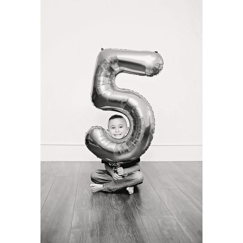 Balon din Folie Metalizata, Flippy, Figurina Cifra, Tema Aniversare 80 cm, Ambalaj Individual, Pai inclus, Umflare cu Aer sau Heliu, Argintiu, Cifra 5 [8]