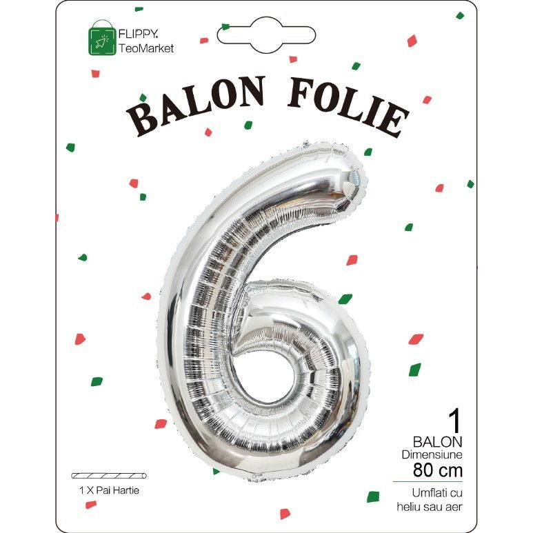 Balon din Folie Metalizata, Flippy, Figurina Cifra, Tema Aniversare 80 cm, Ambalaj Individual, Pai inclus, Umflare cu Aer sau Heliu, Argintiu, Cifra 6 [2]