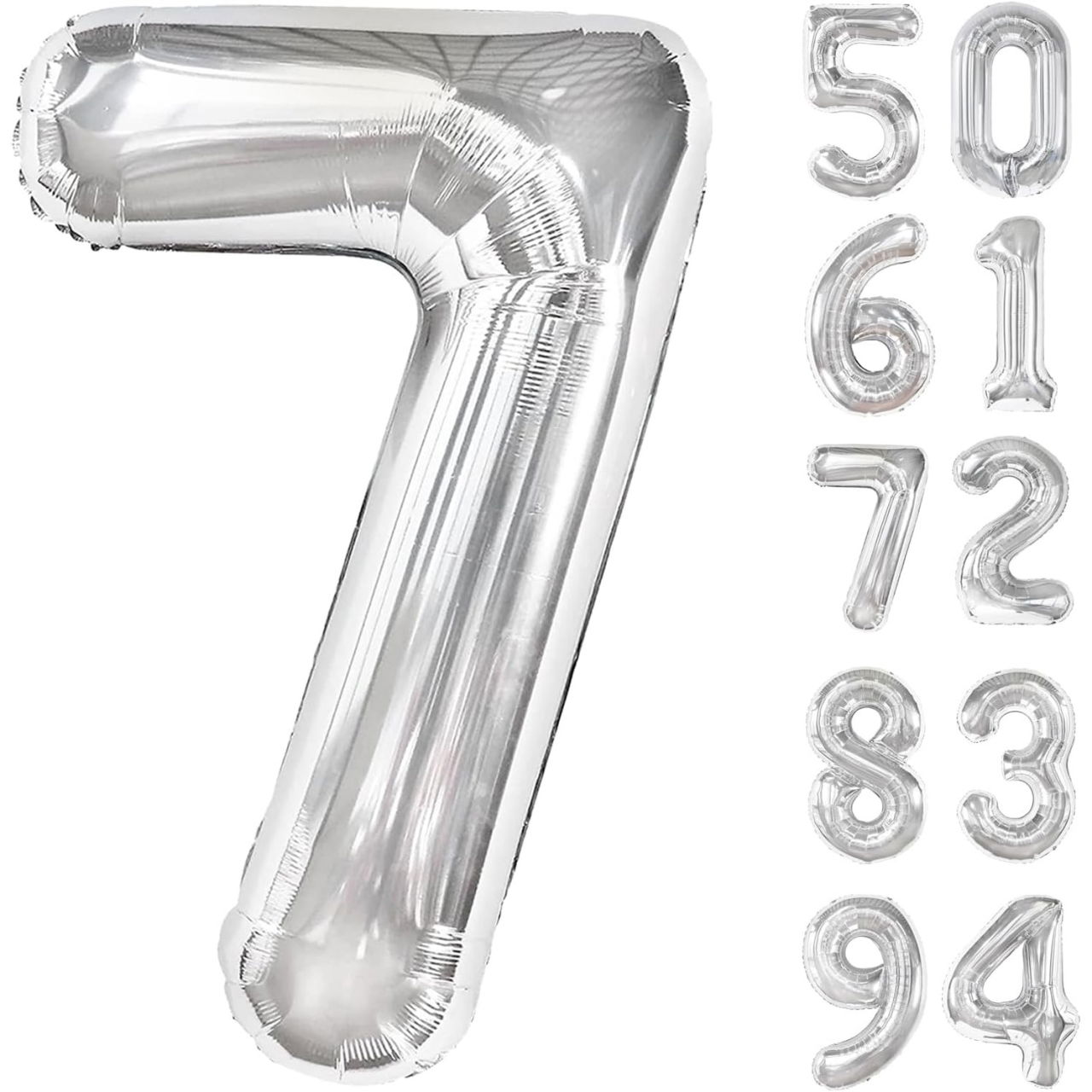 Balon din Folie Metalizata, Flippy, Figurina Cifra, Tema Aniversare 80 cm, Ambalaj Individual, Pai inclus, Umflare cu Aer sau Heliu, Argintiu, Cifra 7 [7]