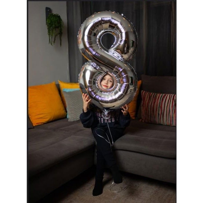 Balon din Folie Metalizata, Flippy, Figurina Cifra, Tema Aniversare 80 cm, Ambalaj Individual, Pai inclus, Umflare cu Aer sau Heliu, Argintiu, Cifra 8 [7]