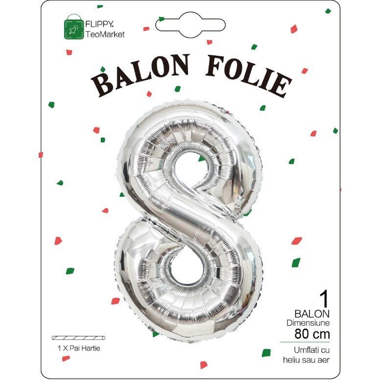 Balon din Folie Metalizata, Flippy, Figurina Cifra, Tema Aniversare 80 cm, Ambalaj Individual, Pai inclus, Umflare cu Aer sau Heliu, Argintiu, Cifra 8 [2]