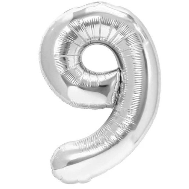 Balon din Folie Metalizata, Flippy, Figurina Cifra, Tema Aniversare 80 cm, Ambalaj Individual, Pai inclus, Umflare cu Aer sau Heliu, Argintiu, Cifra 9 [1]