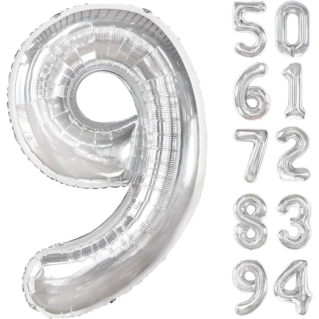 Balon din Folie Metalizata, Flippy, Figurina Cifra, Tema Aniversare 80 cm, Ambalaj Individual, Pai inclus, Umflare cu Aer sau Heliu, Argintiu, Cifra 9 [6]