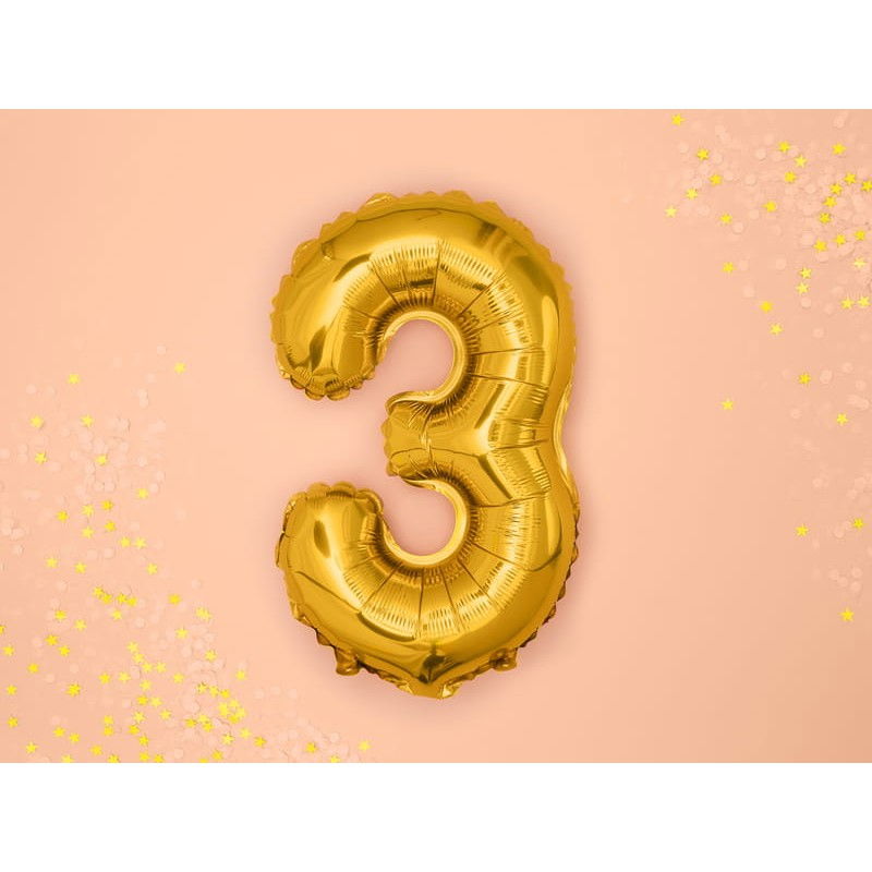 Balon din Folie Metalizata Flippy, Figurina Cifra, Tema Aniversare 80 cm, Ambalaj Individual, Pai inclus, Umflare cu Aer sau Heliu, Auriu, Cifra 3 [3]