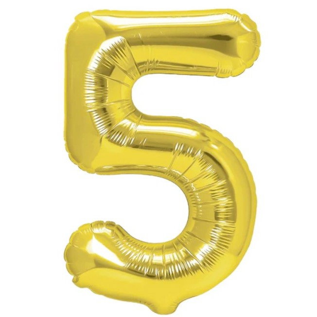 Balon din Folie Metalizata Flippy, Figurina Cifra, Tema Aniversare 80 cm, Ambalaj Individual, Pai inclus, Umflare cu Aer sau Heliu, Auriu, Cifra 5 [1]