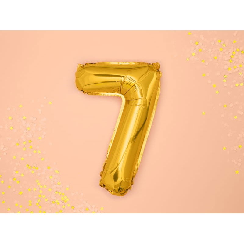 Balon din Folie Metalizata Flippy, Figurina Cifra, Tema Aniversare 80 cm, Ambalaj Individual, Pai inclus, Umflare cu Aer sau Heliu, Auriu, Cifra 7 [3]