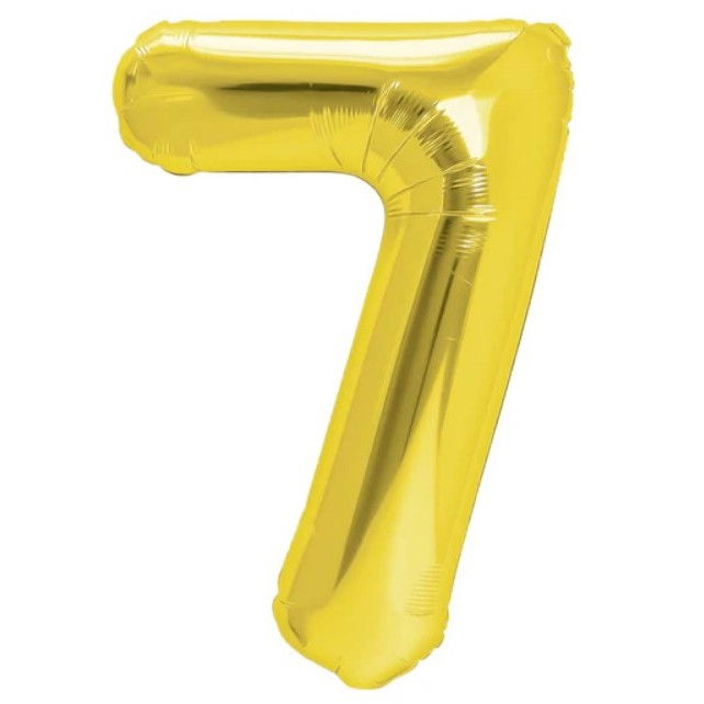 Balon din Folie Metalizata Flippy, Figurina Cifra, Tema Aniversare 80 cm, Ambalaj Individual, Pai inclus, Umflare cu Aer sau Heliu, Auriu, Cifra 7 [1]