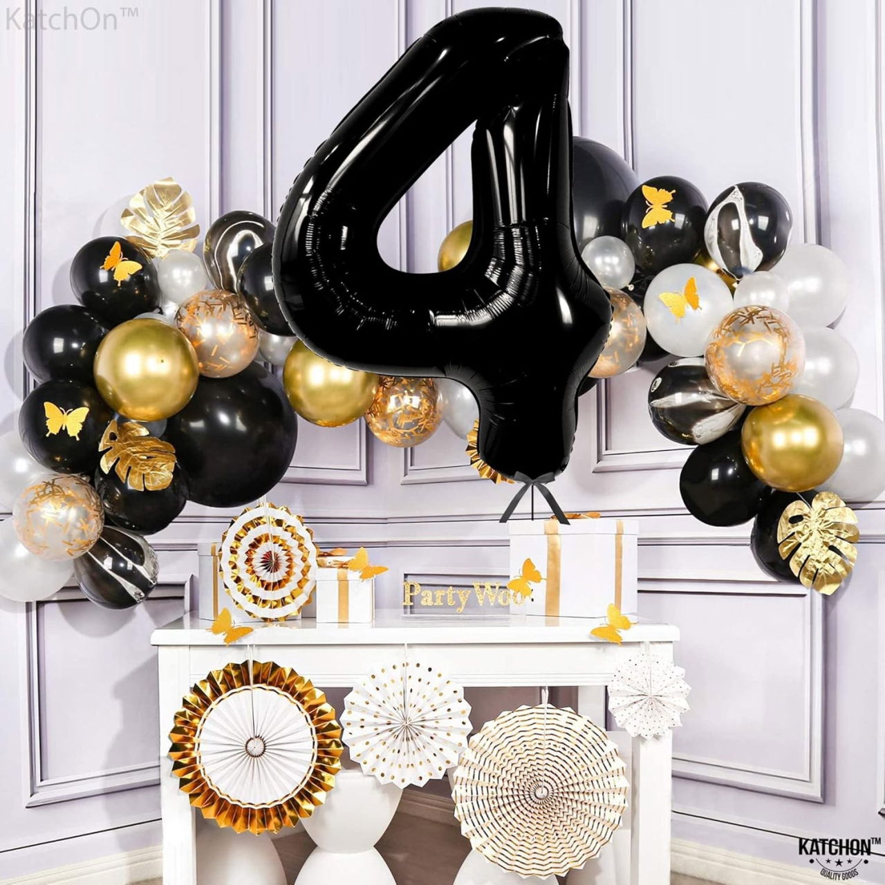 Balon din Folie Metalizata, Flippy, Figurina Cifra, Tema Aniversare 80 cm, Ambalaj Individual, Pai inclus, Umflare cu Aer sau Heliu, Negru, Cifra 4 [7]