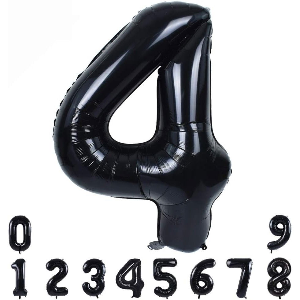 Balon din Folie Metalizata, Flippy, Figurina Cifra, Tema Aniversare 80 cm, Ambalaj Individual, Pai inclus, Umflare cu Aer sau Heliu, Negru, Cifra 4 [9]