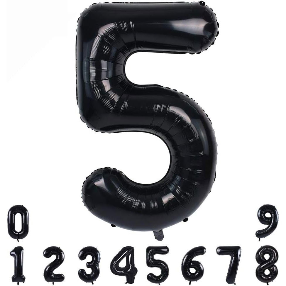 Balon din Folie Metalizata, Flippy, Figurina Cifra, Tema Aniversare 80 cm, Ambalaj Individual, Pai inclus, Umflare cu Aer sau Heliu, Negru, Cifra 5 [7]