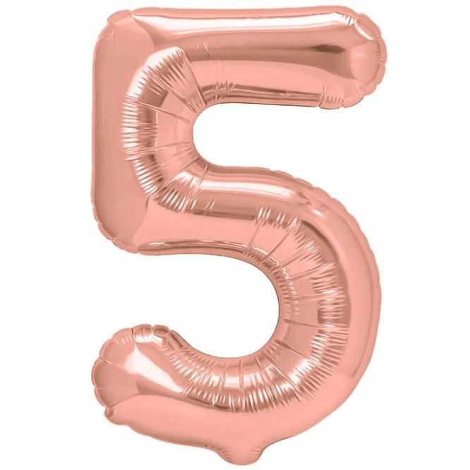 Balon din Folie Metalizata Flippy, Figurina Cifra, Tema Aniversare 80 cm, Ambalaj Individual, Pai inclus, Umflare cu Aer sau Heliu, Rose, Cifra 5 [1]