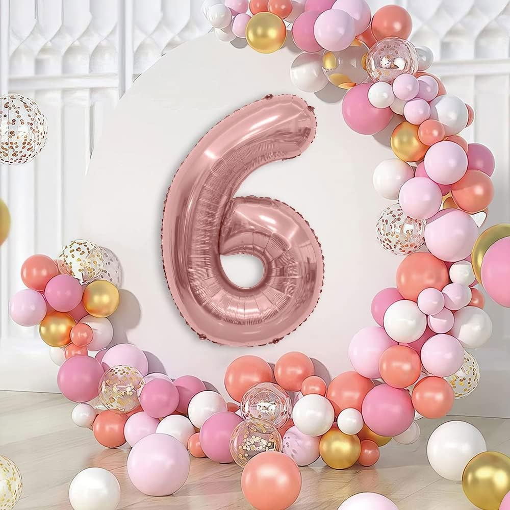 Balon din Folie Metalizata Flippy, Figurina Cifra, Tema Aniversare 80 cm, Ambalaj Individual, Pai inclus, Umflare cu Aer sau Heliu, Rose, Cifra 6 [2]