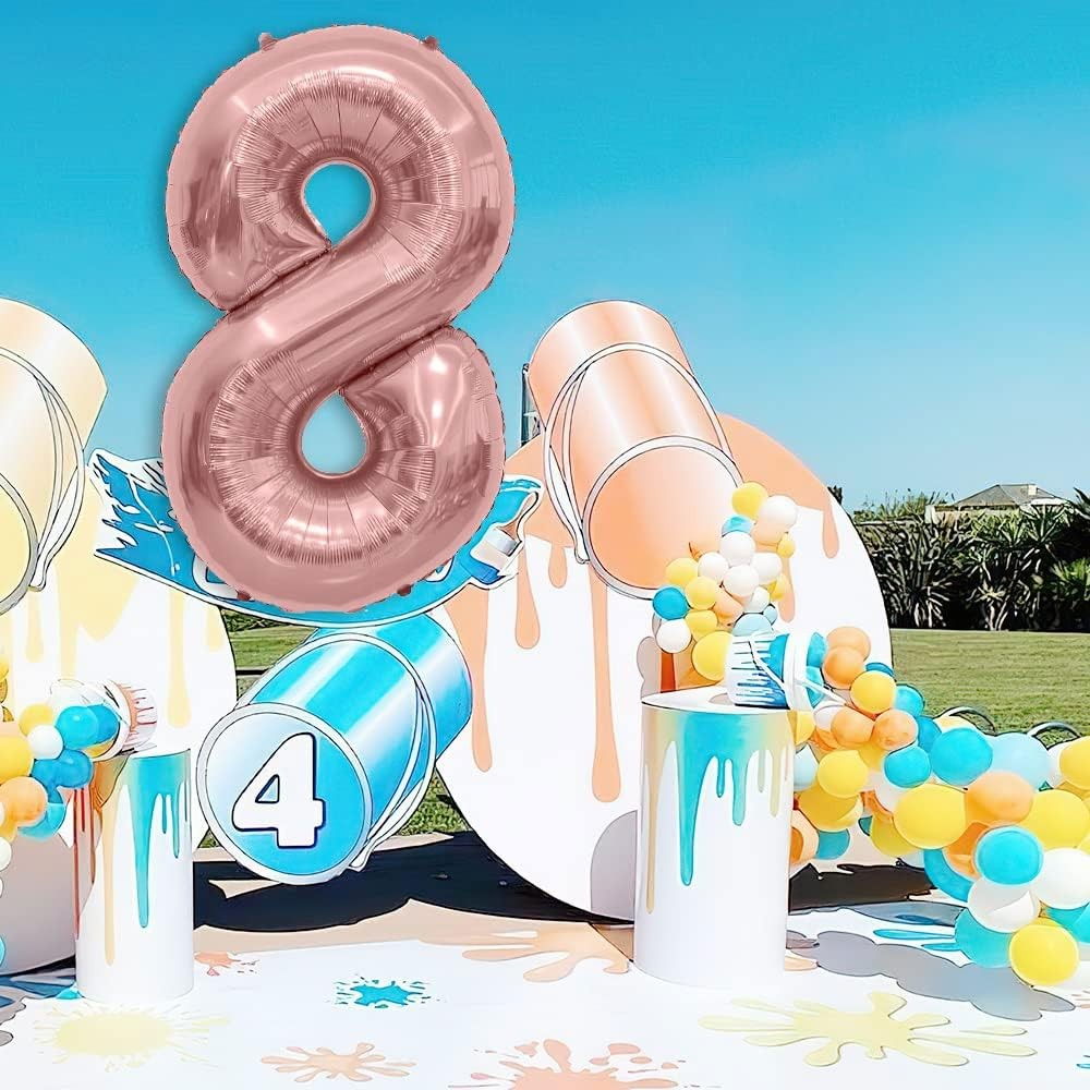 Balon din Folie Metalizata Flippy, Figurina Cifra, Tema Aniversare 80 cm, Ambalaj Individual, Pai inclus, Umflare cu Aer sau Heliu, Rose Gold, Cifra 8 [4]