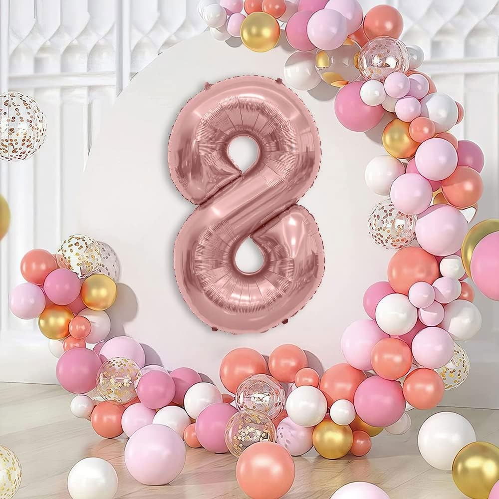 Balon din Folie Metalizata Flippy, Figurina Cifra, Tema Aniversare 80 cm, Ambalaj Individual, Pai inclus, Umflare cu Aer sau Heliu, Rose Gold, Cifra 8 [3]