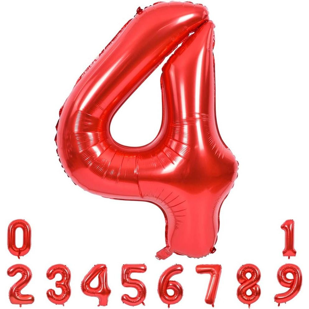 Balon din Folie Metalizata Flippy, Figurina Cifra, Tema Aniversare 80 cm, Ambalaj Individual, Pai inclus, Umflare cu Aer sau Heliu, Rosu, Cifra 4 [9]