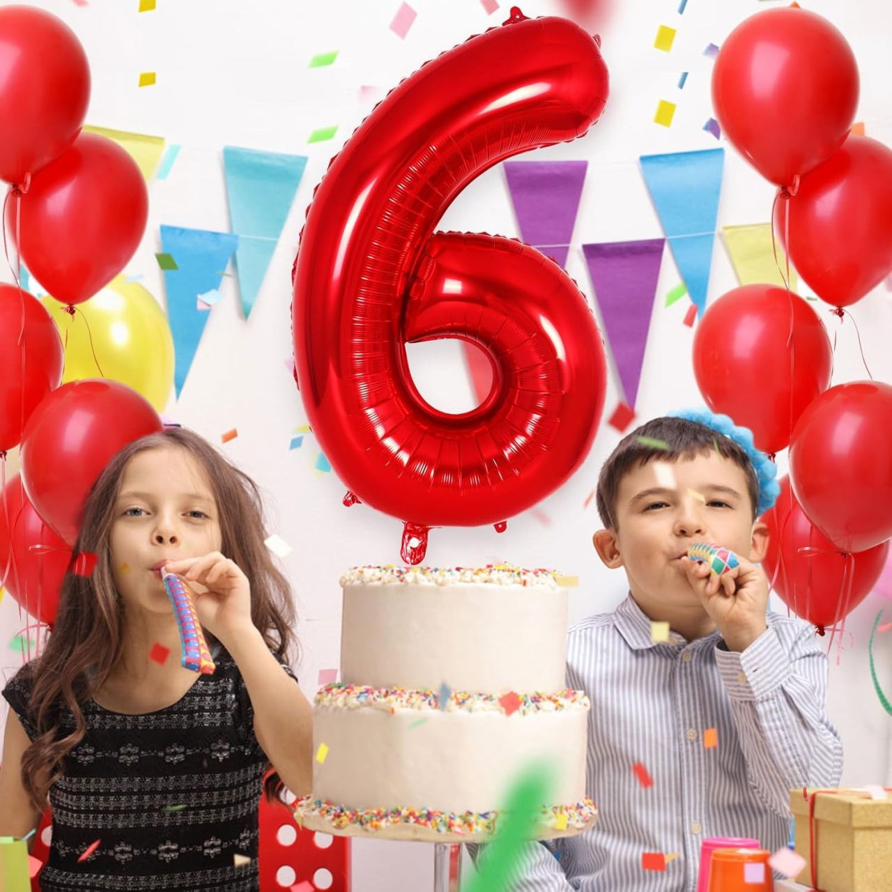 Balon din Folie Metalizata Flippy, Figurina Cifra, Tema Aniversare 80 cm, Ambalaj Individual, Pai inclus, Umflare cu Aer sau Heliu, Rosu, Cifra 6 [6]