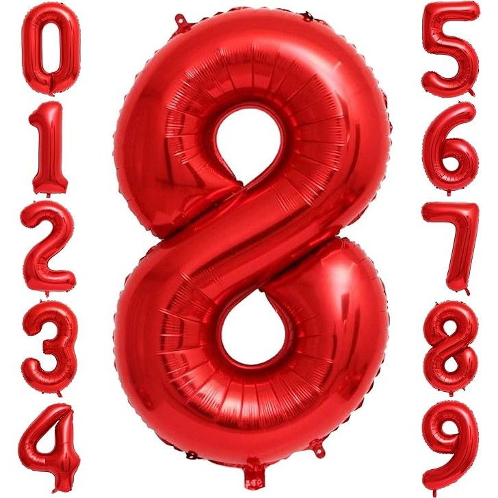 Balon din Folie Metalizata Flippy, Figurina Cifra, Tema Aniversare 80 cm, Ambalaj Individual, Pai inclus, Umflare cu Aer sau Heliu, Rosu, Cifra 8 [3]