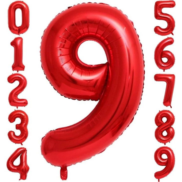 Balon din Folie Metalizata Flippy, Figurina Cifra, Tema Aniversare 80 cm, Ambalaj Individual, Pai inclus, Umflare cu Aer sau Heliu, Rosu, Cifra 9 [3]