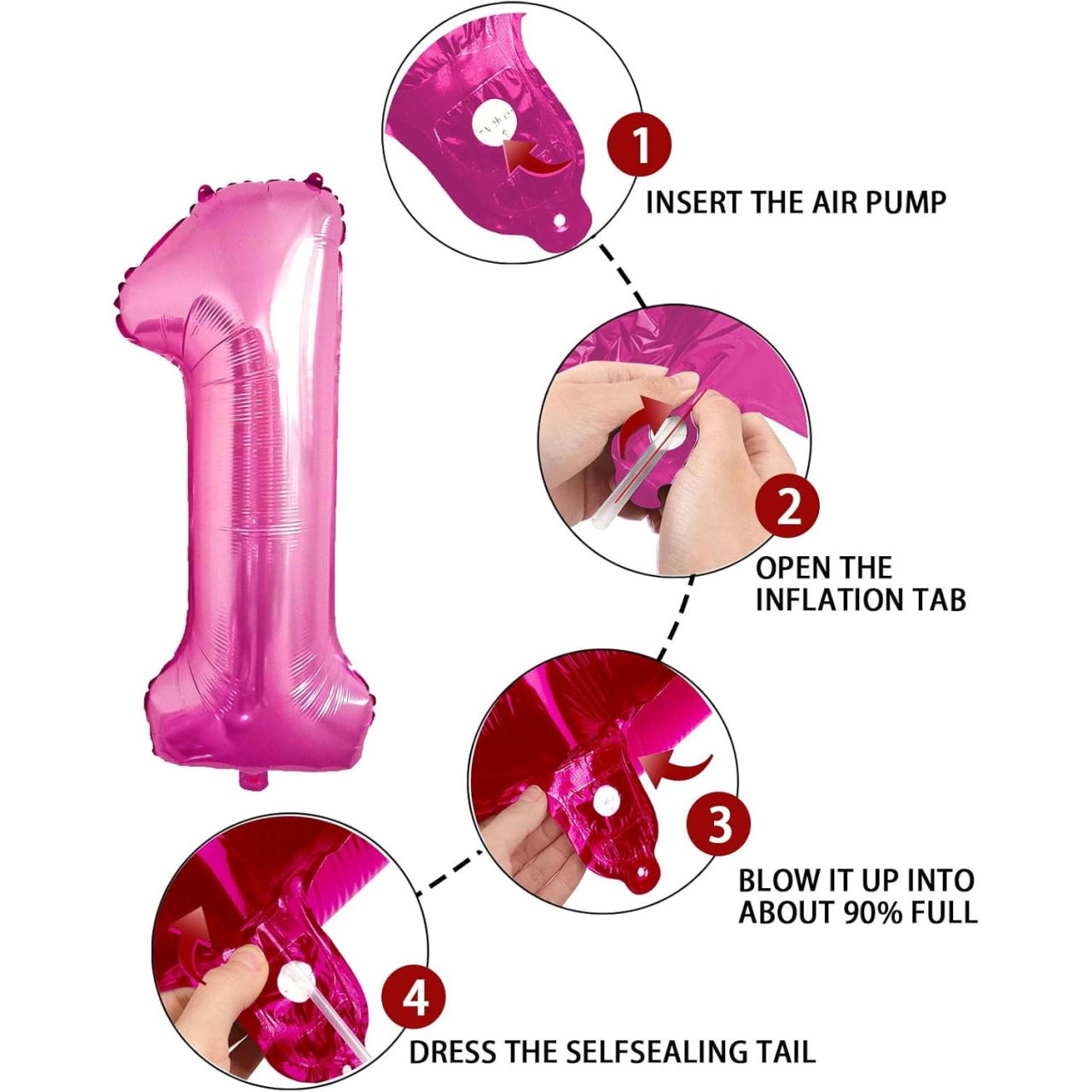 Balon din Folie Metalizata Flippy, Figurina Cifra, Tema Aniversare 80 cm, Ambalaj Individual, Pai inclus, Umflare cu Aer sau Heliu, Roz, Cifra 1 [5]